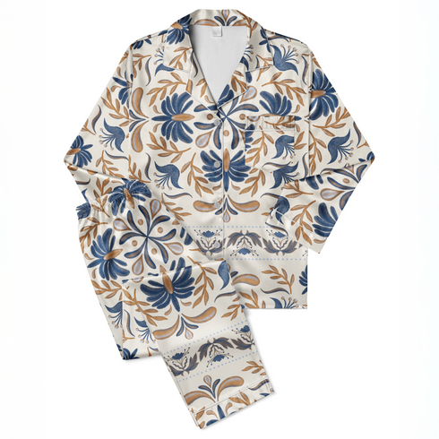 Diseño floral simétrico con motivos azules y marrón dorado en estilo folk, ornamento decorativo tradicional sutex pajamas fullview mockup