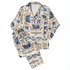 Diseño floral simétrico con motivos azules y marrón dorado en estilo folk, ornamento decorativo tradicional sutex pajamas fullview mockup