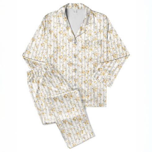 Patrón floral delicado con flores amarillas y hojas grises sobre rayas verticales en fondo crema sutex pajamas fullview mockup