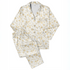 Patrón floral delicado con flores amarillas y hojas grises sobre rayas verticales en fondo crema sutex pajamas fullview mockup