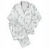 Patrón floral azul con ramas delicadas sobre fondo de rayas blancas y grises, estilo botánico sutex pajamas fullview mockup