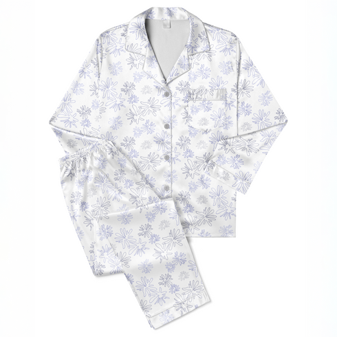 Patrón de flores estilizadas en líneas moradas sobre fondo blanco, diseño floral minimalista y delicado sutex pajamas fullview mockup
