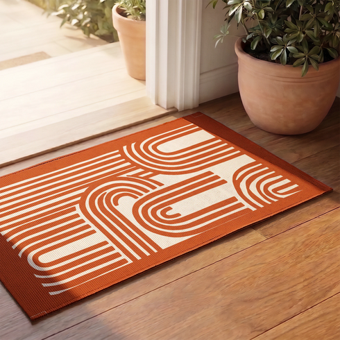 Diseño gráfico geométrico con líneas blancas y formas redondeadas sobre fondo terracota