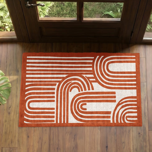 Diseño gráfico geométrico con líneas blancas y formas redondeadas sobre fondo terracota