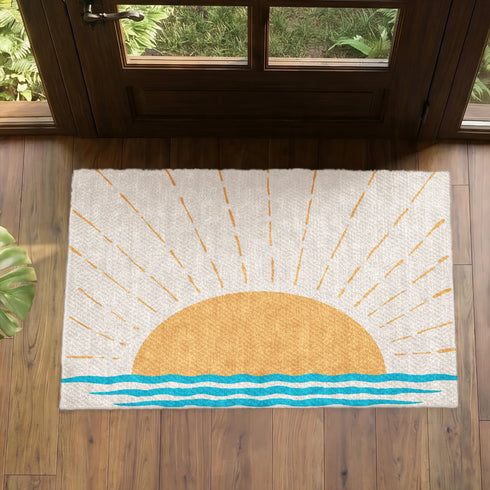 Sol naranja sobre olas azules con rayos dorados, diseño costero vibrante