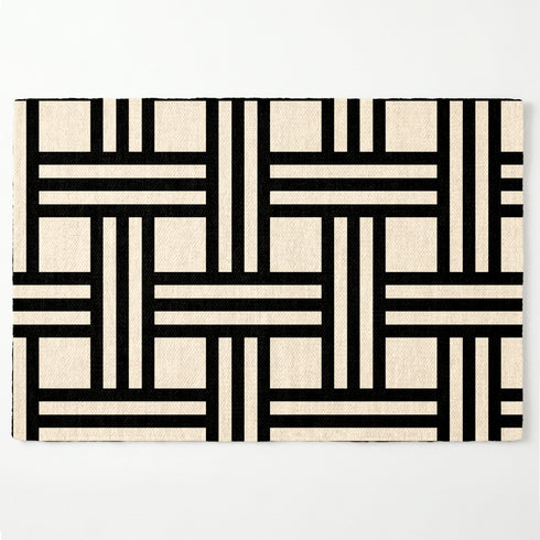 Diseño geométrico en negro y beige con líneas entrecruzadas formando patrón moderno minimalista