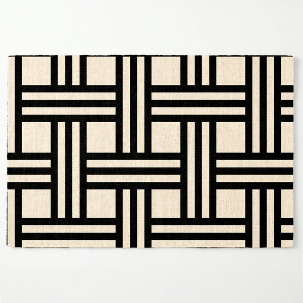 Diseño geométrico en negro y beige con líneas entrecruzadas formando patrón moderno minimalista