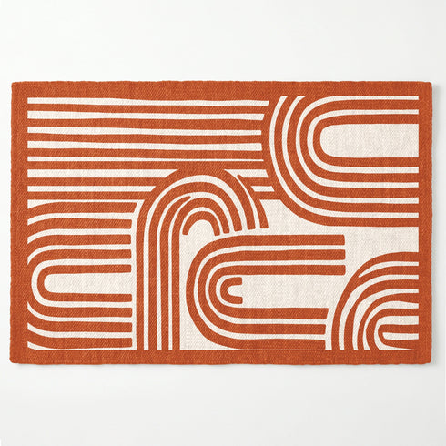 Diseño gráfico geométrico con líneas blancas y formas redondeadas sobre fondo terracota