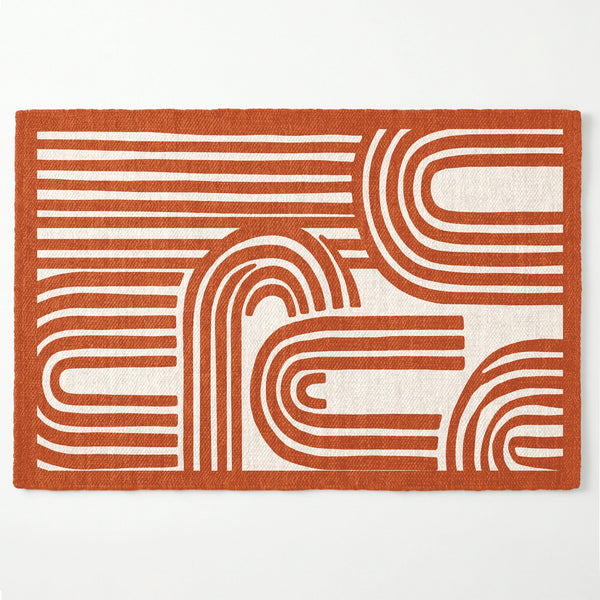 Diseño gráfico geométrico con líneas blancas y formas redondeadas sobre fondo terracota