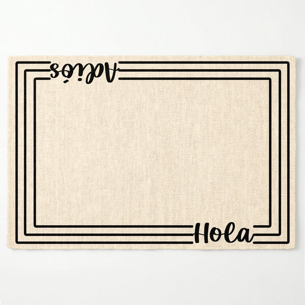 Marco rectangular negro con texto decorativo "RSVP" y "Hola" en esquinas sobre fondo crema