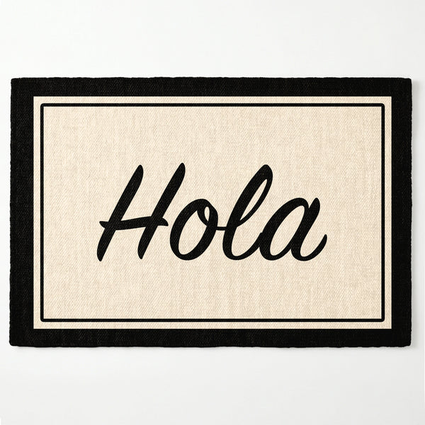 Palabra "Hola" en caligrafía negra sobre fondo crema con marco negro