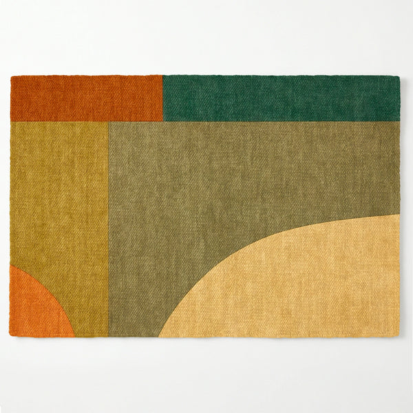 Diseño geométrico abstracto con bloques en naranja, verde agua, mostaza, beige y terracota