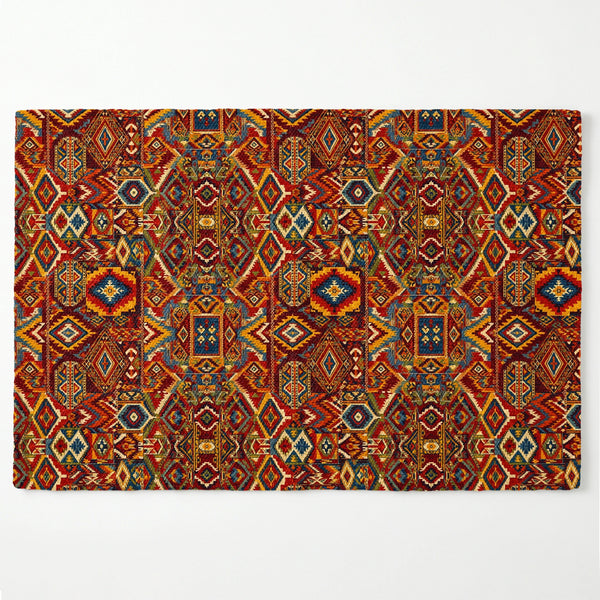 Mosaico de motivos geométricos tradicionales en rojo, naranja, azul y dorado estilo étnico