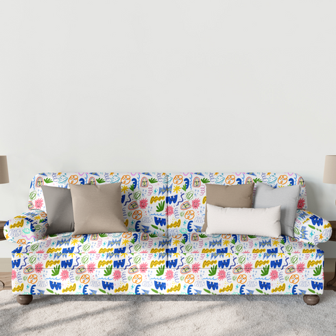 Coloridos dibujos doodle infantiles con formas abstractas, espirales, estrellas y líneas onduladas en azul, amarillo, rosa y verde. sutex sofa mockup