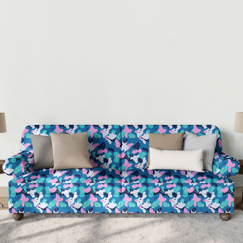 Patrón abstracto en tonos azul, turquesa, rosa y blanco con formas orgánicas superpuestas. sutex sofa mockup