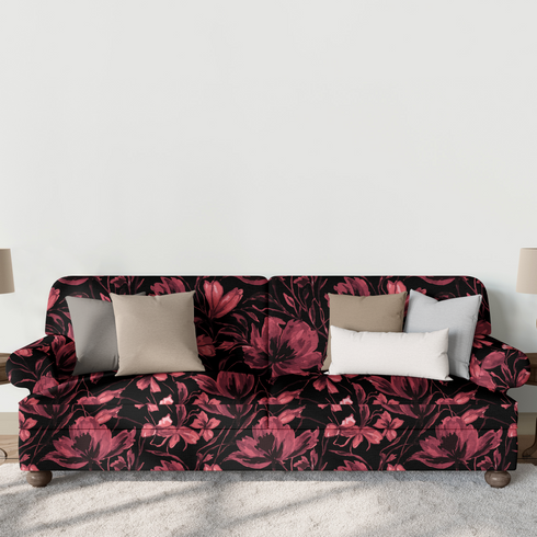 Patrón floral con flores de color rosa oscuro/burdeos sobre fondo negro, estilo artístico sutex sofa mockup