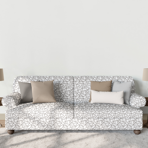 Patrón de líneas y formas abstractas en blanco y negro que asemejan horquillas o clips dispersos aleatoriamente sobre fondo claro. sutex sofa mockup