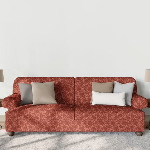 Red-brown floral pattern with abstract flowers on a lighter coral background sutex sofa mockup