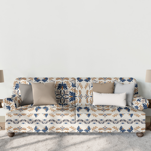 Diseño floral simétrico con motivos azules y marrón dorado en estilo folk, ornamento decorativo tradicional sutex sofa mockup