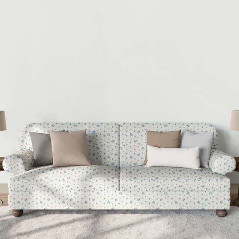 Patrón de flores azules pequeñas sobre fondo de rayas beige y blanco, estilo delicado y fresco sutex sofa mockup