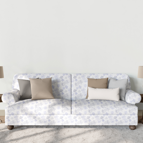 Patrón de flores estilizadas en líneas moradas sobre fondo blanco, diseño floral minimalista y delicado sutex sofa mockup