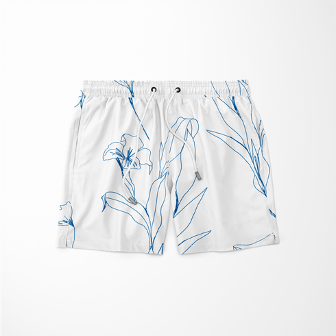 Patrón botánico de líneas azules que muestra flores y hojas en un estilo de dibujo minimalista sobre fondo blanco. sutex swimtrunks