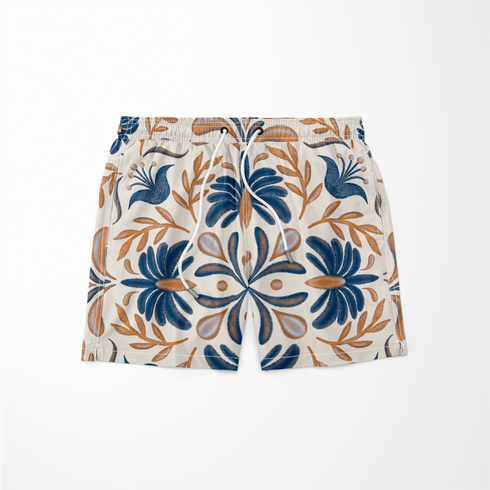Diseño floral simétrico con motivos azules y marrón dorado en estilo folk, ornamento decorativo tradicional sutex swimtrunks