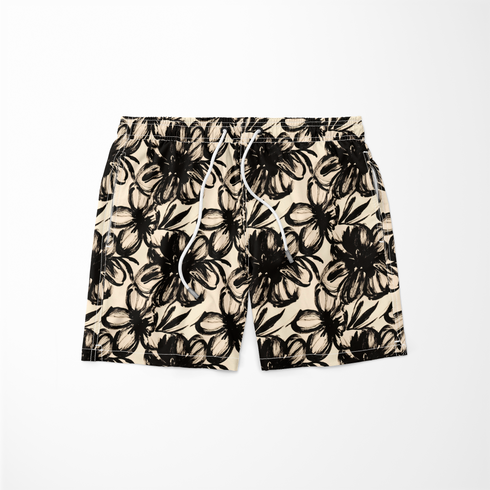 Patrón floral artístico en blanco y negro con flores grandes de trazos expresivos y hojas estilizadas. sutex swimtrunks