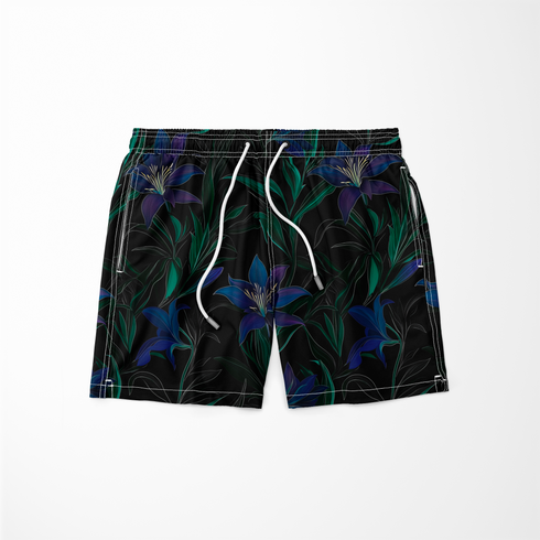 Patrón floral de elegantes lirios azul-púrpura con tallos verdes sobre fondo negro. sutex swimtrunks