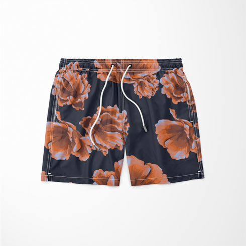 Flores estilizadas en tonos ocre y marrón sobre fondo negro oscuro, diseño artístico botánico decorativo sutex swimtrunks