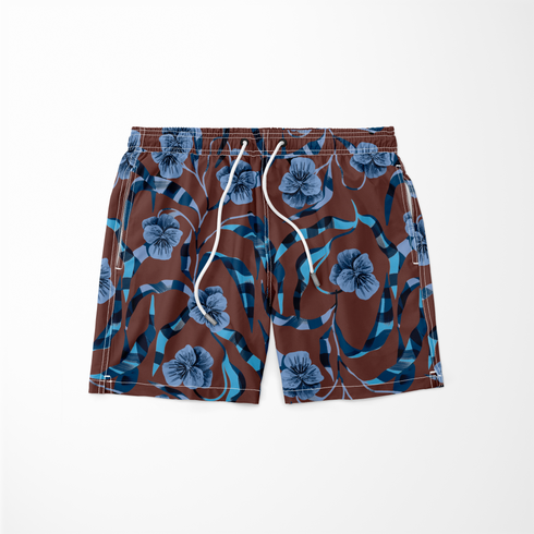 Patrón floral de pensamientos azules sobre fondo marrón con cintas azul y blanco entrecruzadas sutex swimtrunks