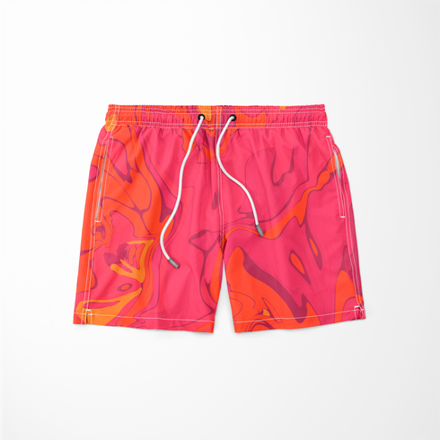 Patrón abstracto de colores vibrantes con tonos de rojo, naranja, púrpura y amarillo en forma de mármol líquido. sutex swimtrunks