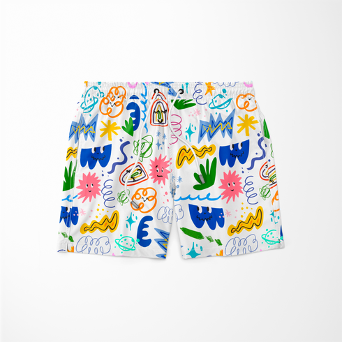Coloridos dibujos doodle infantiles con formas abstractas, espirales, estrellas y líneas onduladas en azul, amarillo, rosa y verde. sutex swimtrunks