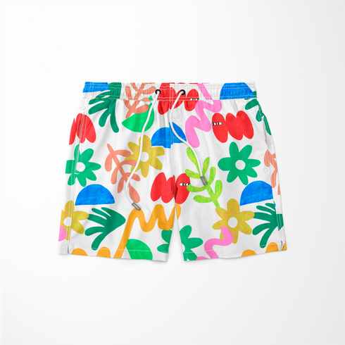 Collage colorido con formas abstractas: flores amarillas, semicírculos azules, líneas onduladas y elementos orgánicos en diversos colores brillantes. sutex swimtrunks