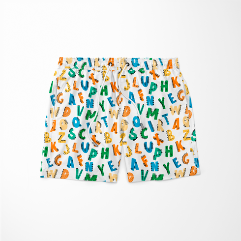 Patrón colorido de letras del alfabeto con diseños estilo dinosaurio en tonos azul, verde, amarillo y naranja sobre fondo blanco. sutex swimtrunks