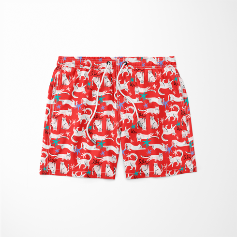 Patrón de gatos blancos dibujados a mano sobre fondo rojo con estrellas de mar azules y turquesa sutex swimtrunks