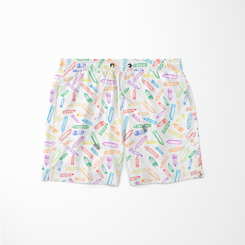 Patrón colorido de lápices y crayones dibujados en estilo lineal sobre fondo blanco sutex swimtrunks