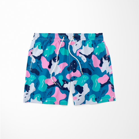 Patrón abstracto en tonos azul, turquesa, rosa y blanco con formas orgánicas superpuestas. sutex swimtrunks