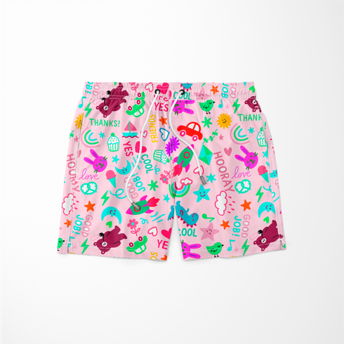 Fondo rosa con dibujos coloridos y palabras positivas como "gracias", "genial" y "amigos sutex swimtrunks