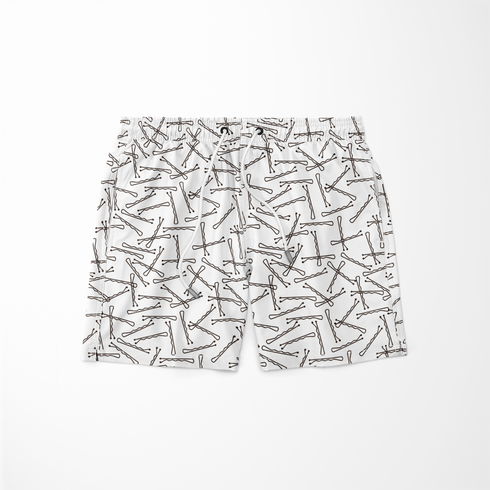 Patrón de líneas y formas abstractas en blanco y negro que asemejan horquillas o clips dispersos aleatoriamente sobre fondo claro. sutex swimtrunks