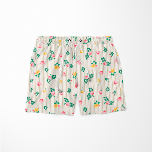 Patrón floral con rosas rosadas y amarillas sobre fondo de rayas beige y crema con hojas verdes sutex swimtrunks