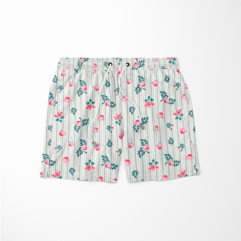 Patrón floral con rosas rosadas sobre fondo de rayas verticales grises y blancas sutex swimtrunks
