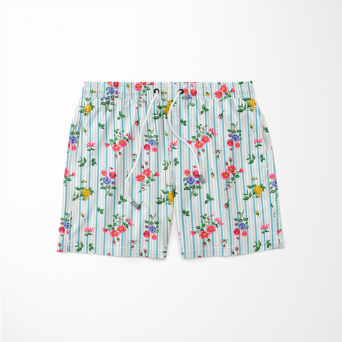 Patrón floral con rosado, amarillo y azul sobre rayas verticales azules y blancas sutex swimtrunks