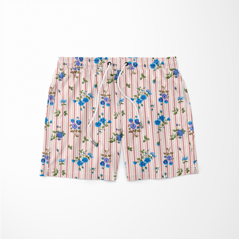 Patrón floral con rosas azules sobre fondo de rayas rosadas y blancas verticales delicadas sutex swimtrunks