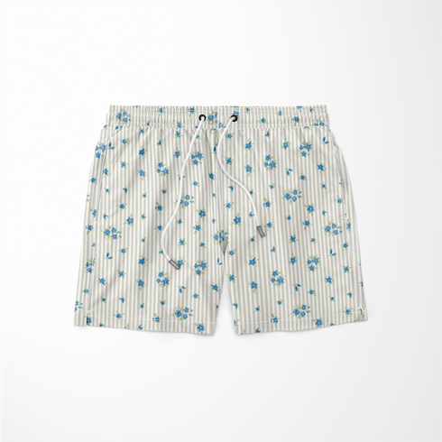 Patrón de flores azules pequeñas sobre fondo de rayas beige y blanco, estilo delicado y fresco sutex swimtrunks