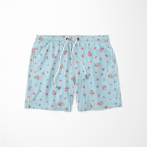 Patrón de rayas azul cielo con flores rosadas pequeñas dispersas sobre fondo blanco sutex swimtrunks