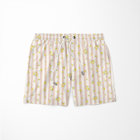 Patrón delicado con flores amarillas pequeñas sobre fondo de rayas rosado y crema suave sutex swimtrunks