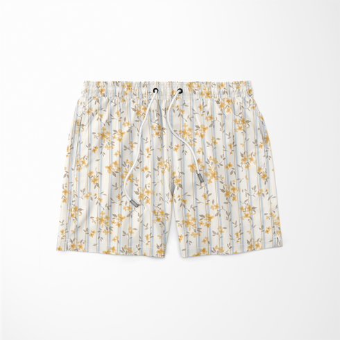 Patrón floral delicado con flores amarillas y hojas grises sobre rayas verticales en fondo crema sutex swimtrunks