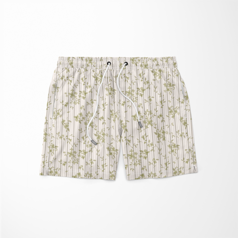Patrón delicado de ramas verdes sobre rayas verticales beige y crema con estilo botánico suave sutex swimtrunks