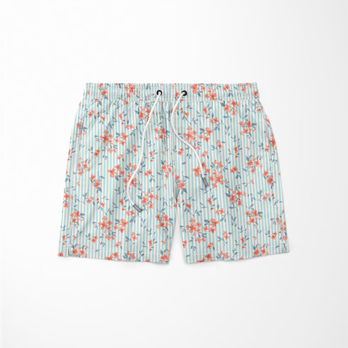 Patrón floral coral y gris sobre rayas azul cielo, flores delicadas con hojas decorativas sutex swimtrunks
